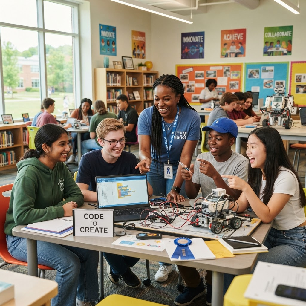 Students and mentor collaborating